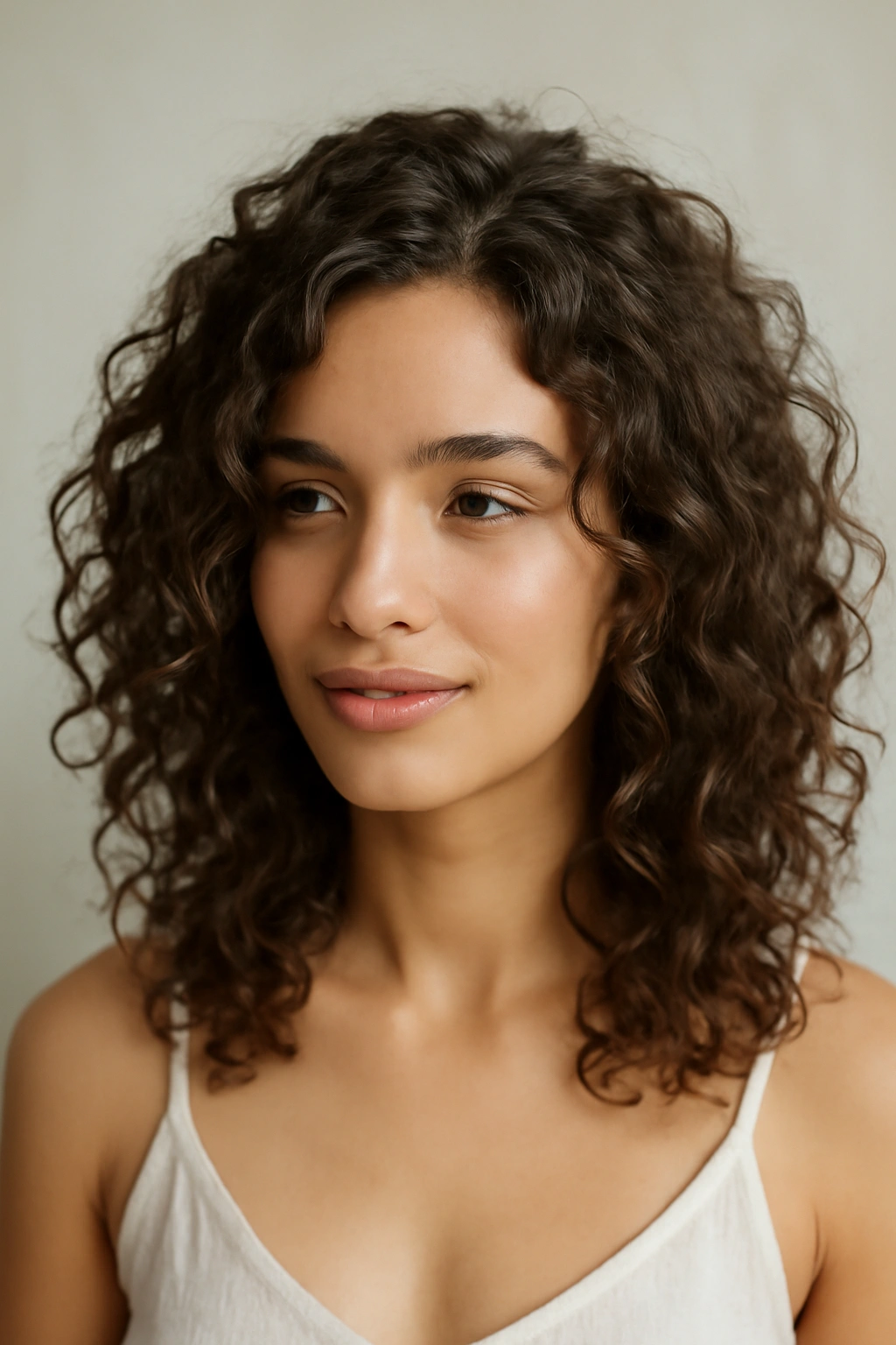 Natural curly hair styled in tousled waves for bridal look