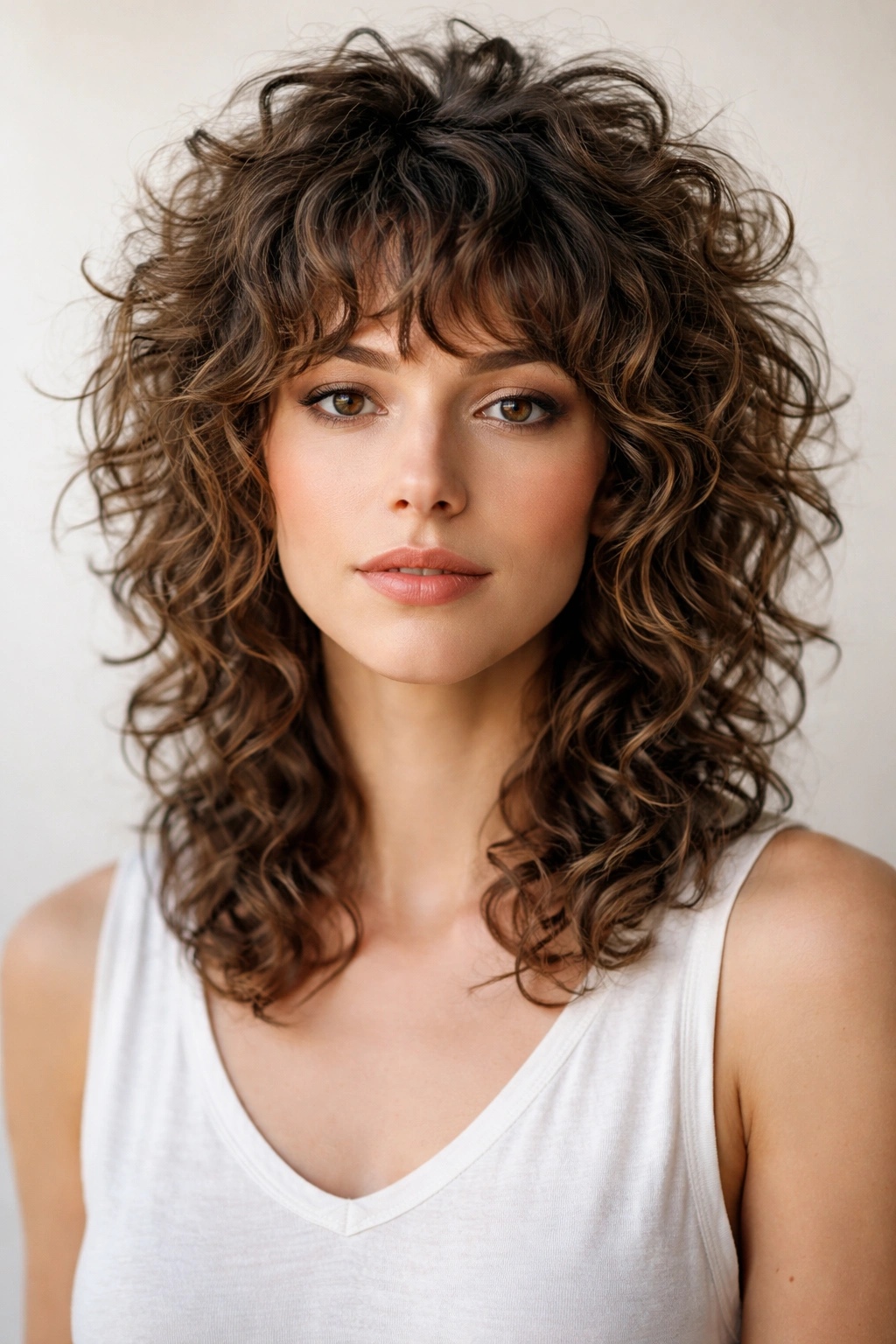 Front view of curly wolf cut showing defined curls and layered volume.