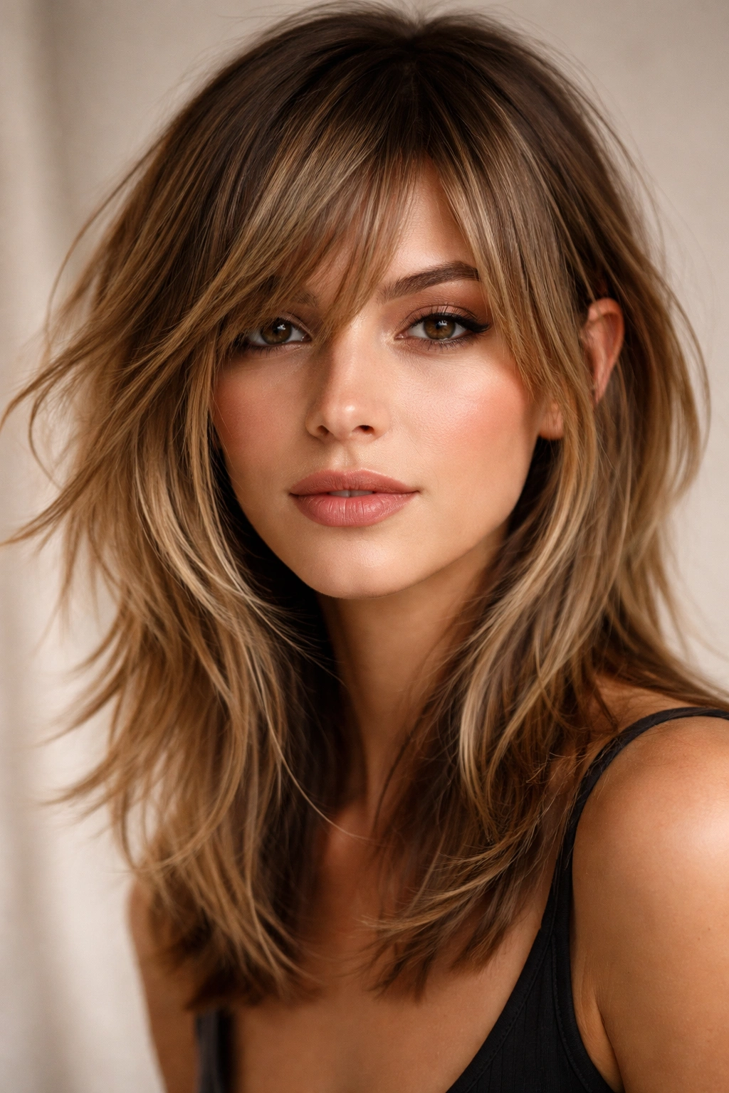 Portrait showing curtain bangs and textured, choppy layers framing the face asymmetrically