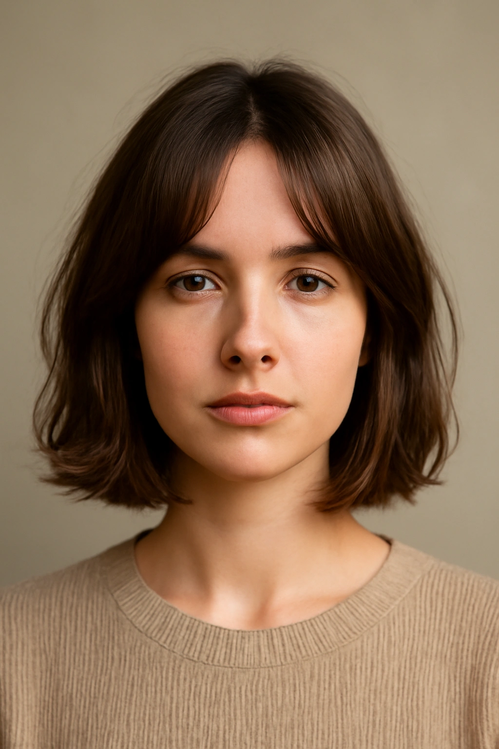 Curtain bangs bob with center-parted bangs framing the face