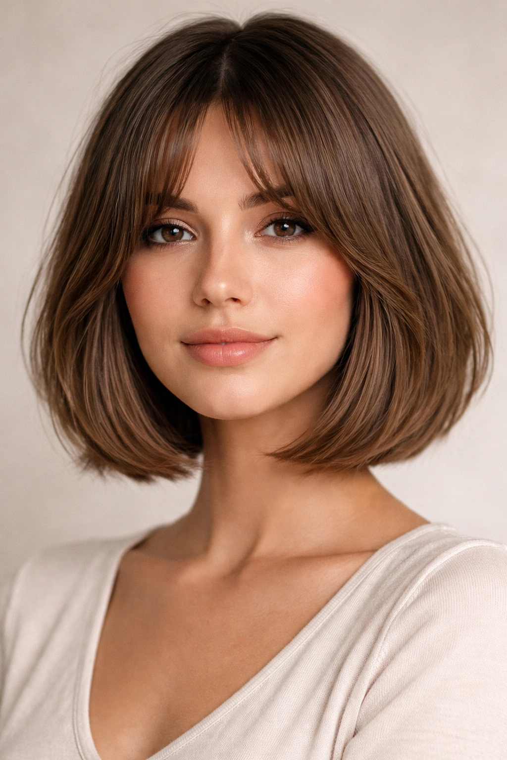 Portrait of a model with curtain bangs bob, face-framing long front pieces.