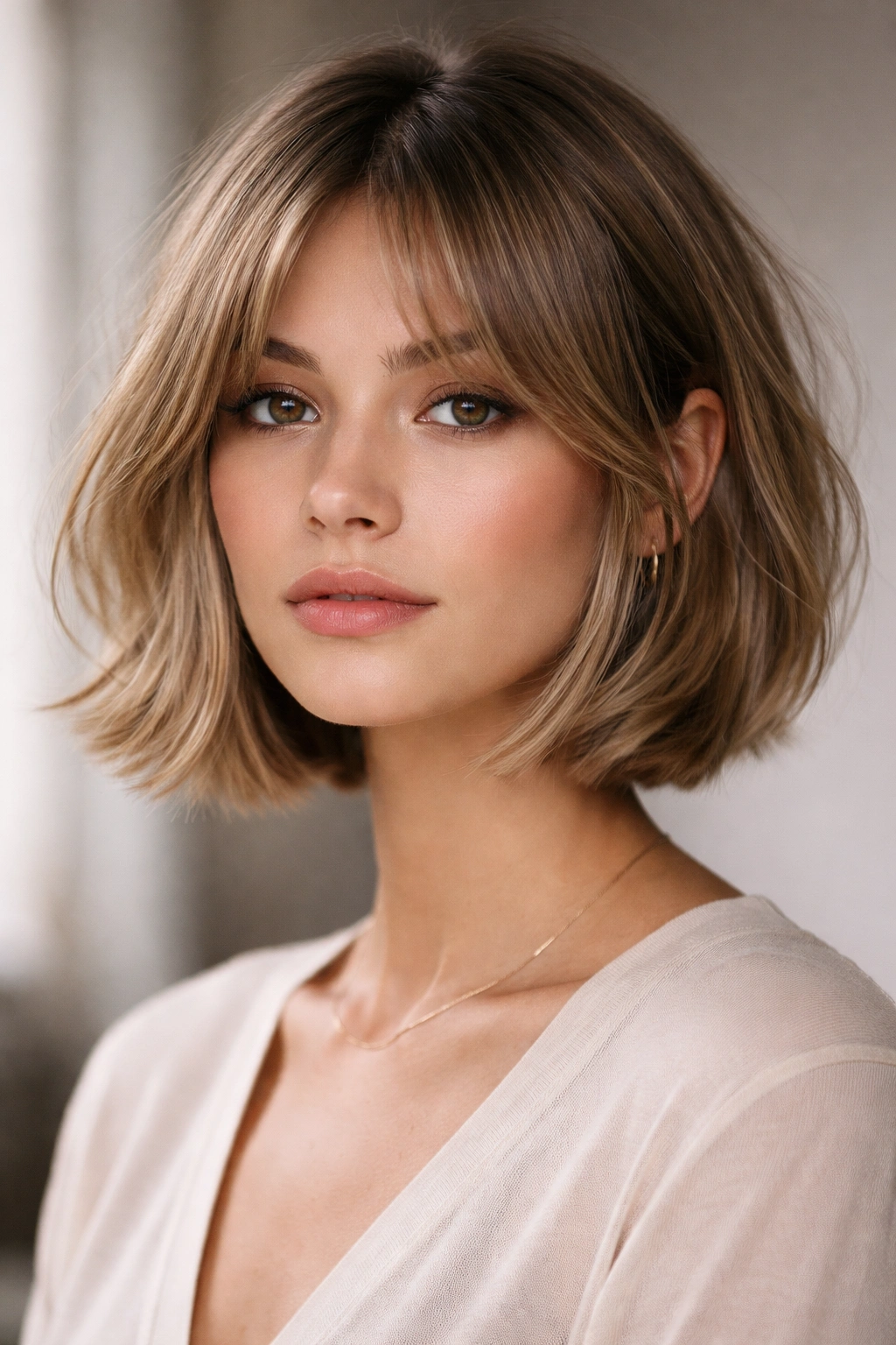Curtain bang bob with center-part and textured underside for depth