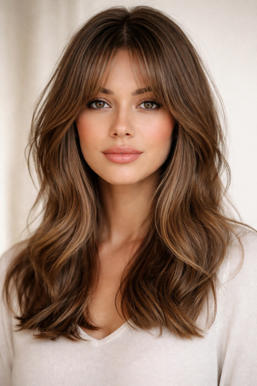 Portrait of curtain bangs with a center part and sweeping sides