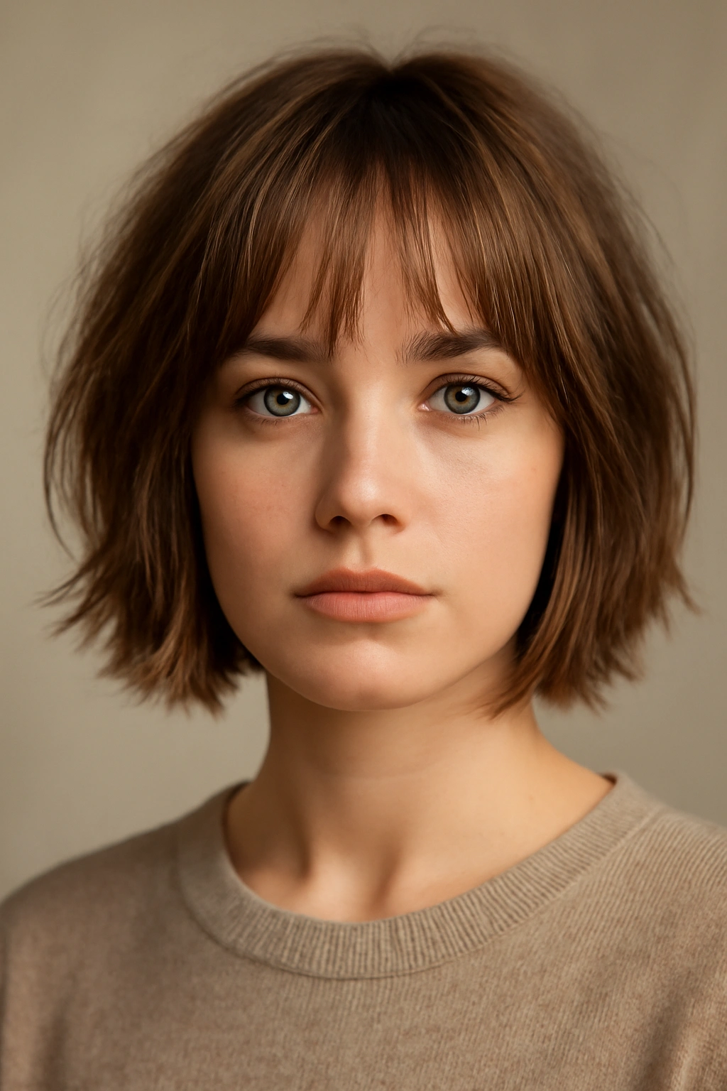 Face framed by choppy curtain bangs with textured short hair