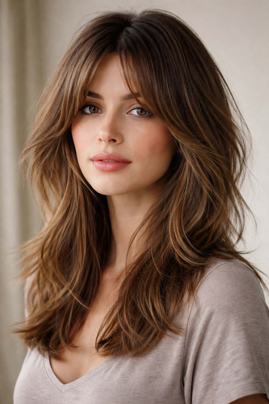 Hair with curtain bangs parted center and choppy mid-length layers.