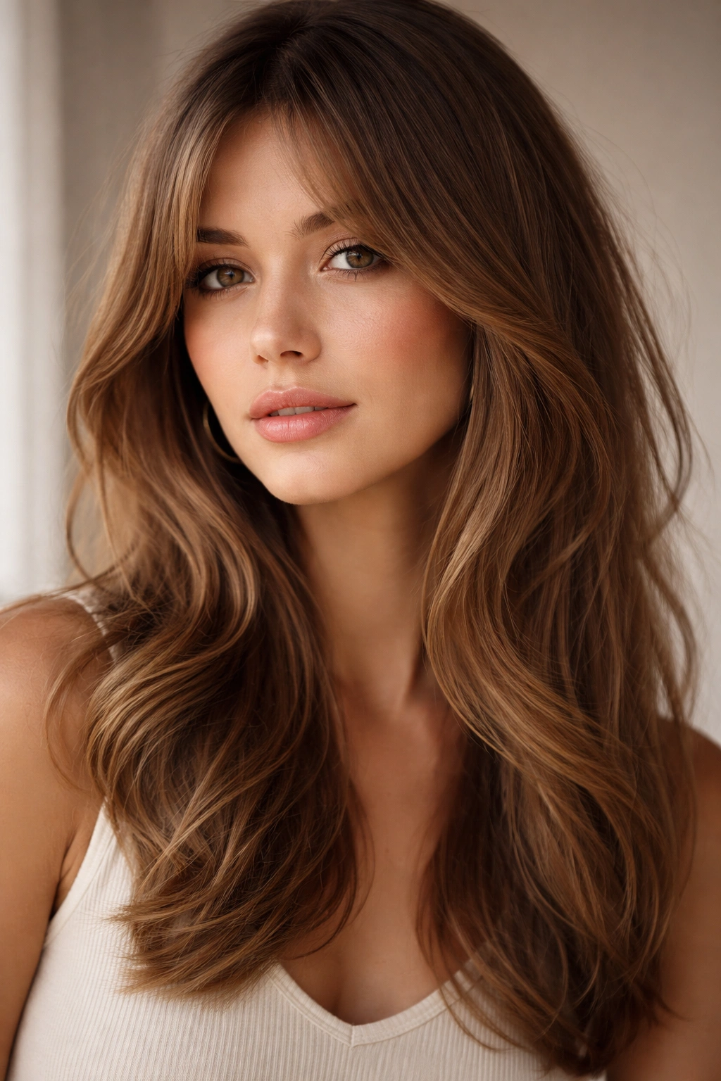 Portrait showing face-framing curtain bangs softly framing the oval face