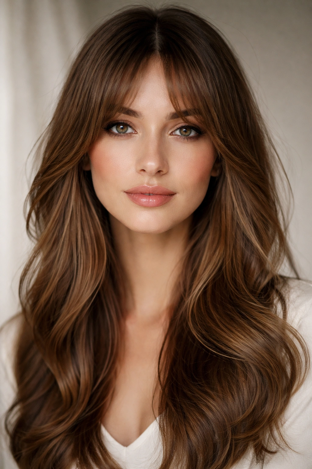 Curtain bangs framing the face with middle part and soft side layers
