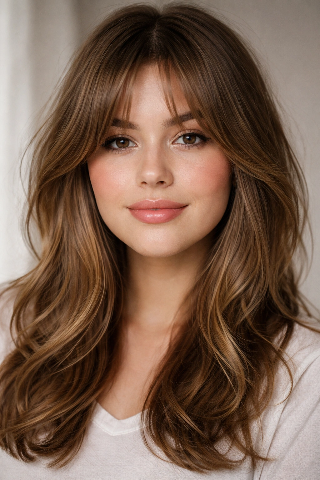 Textured curtain bangs with center part framing the face