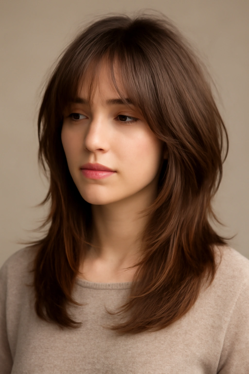 Curtain bang layered cut with long curtain bangs framing the face