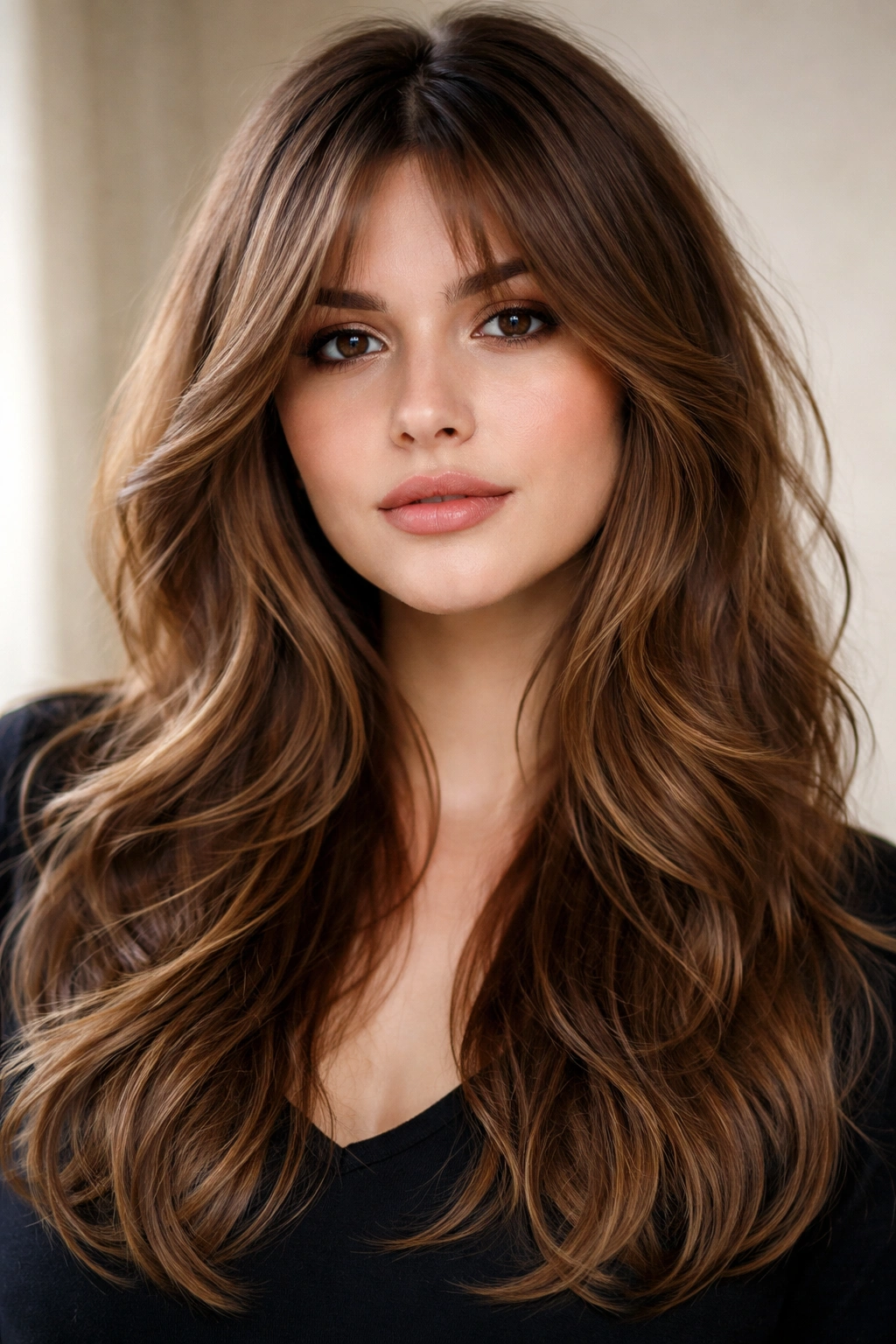 Portrait of curtain bangs with layered length and face-framing layers.