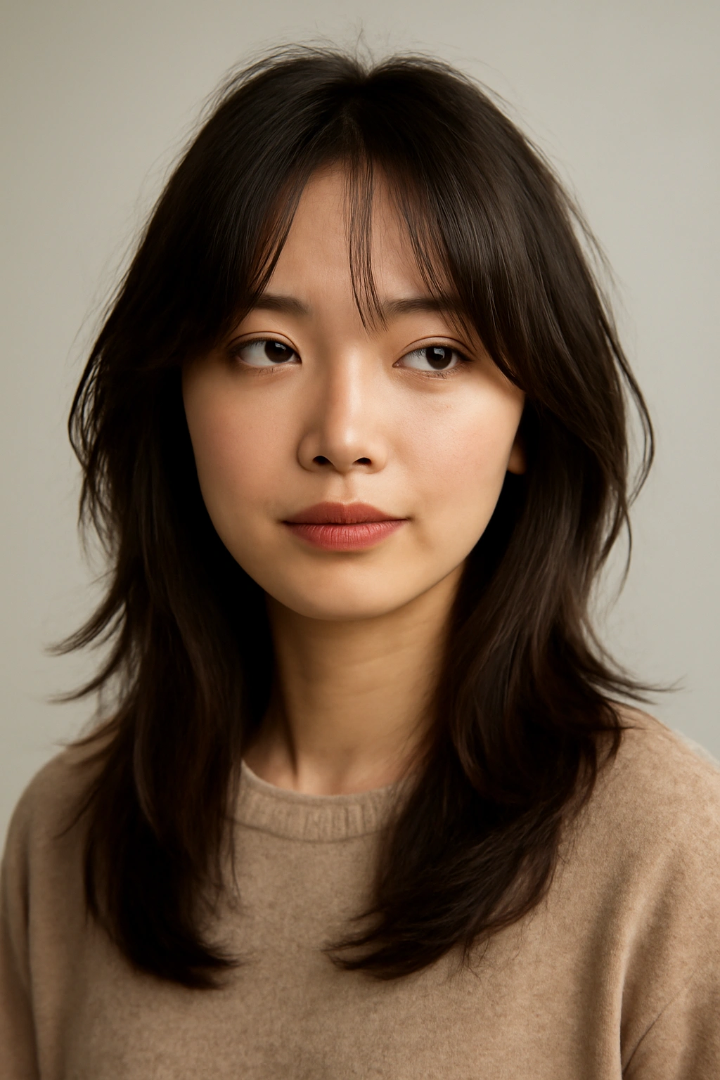 Close-up portrait showing curtain bangs with layered mid-length hair framing the face.