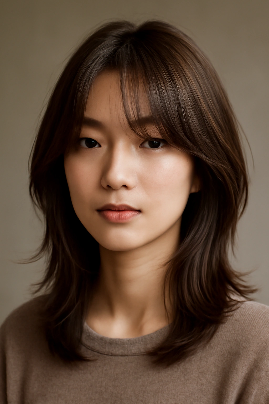 Portrait of a person with curtain bangs and layered hair framing the face