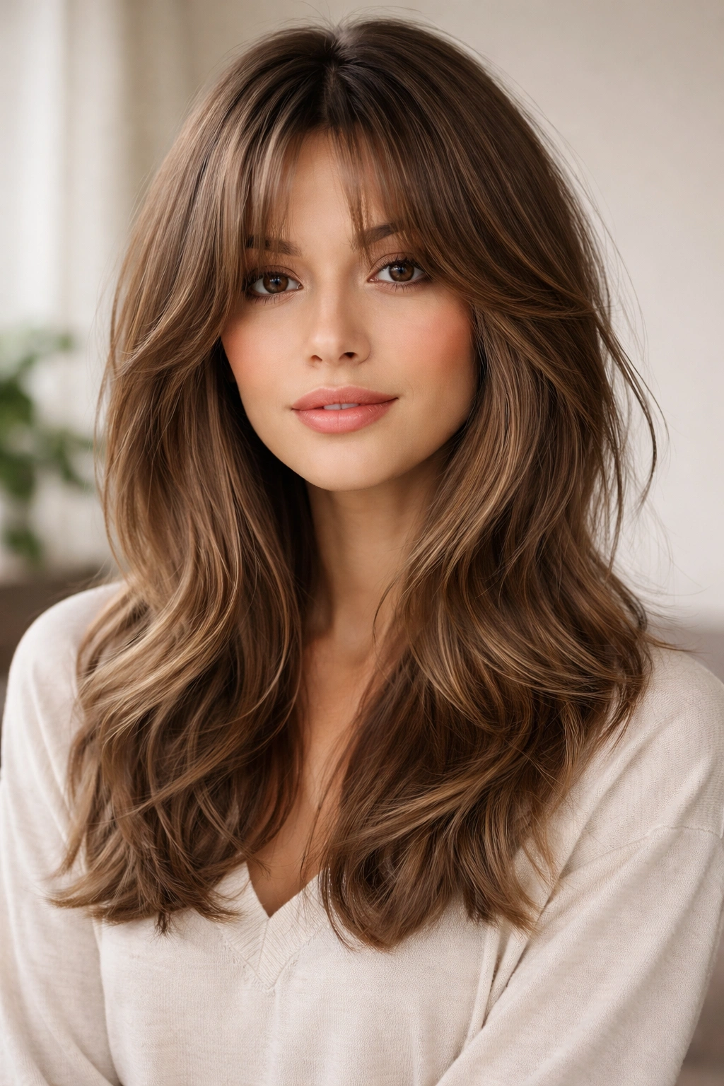 Close-up of curtain bangs with face-framing layers on medium hair