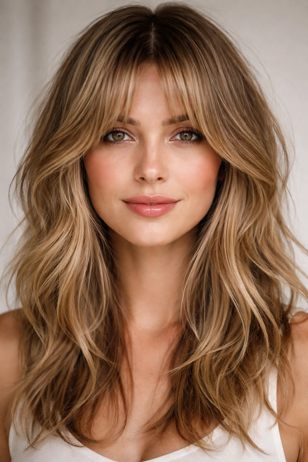 Front view of curtain bangs with center part and layered texture.