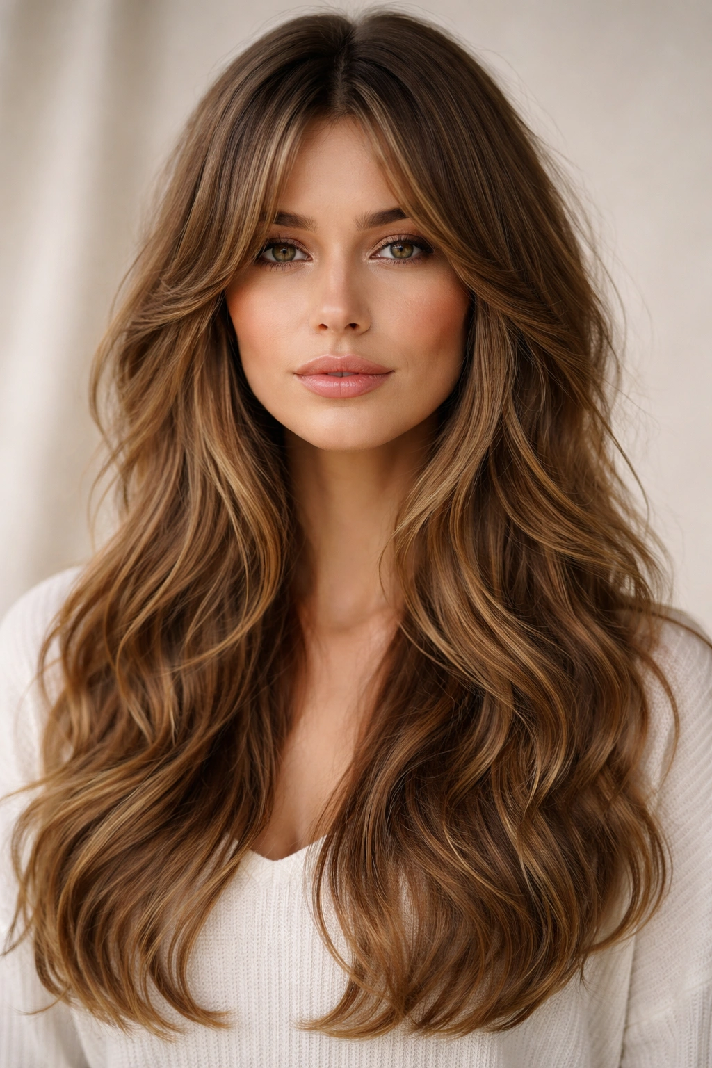 Portrait of a model with long layered hair and curtain bangs parted in the middle.