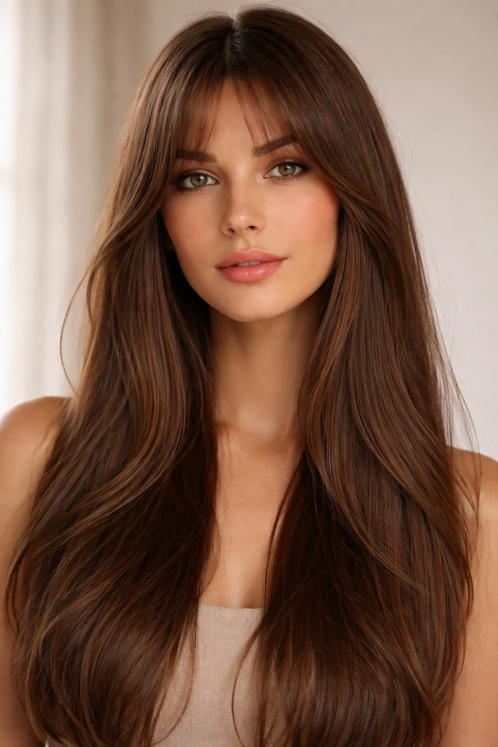Long straight hair with curtain bangs framing cheeks.