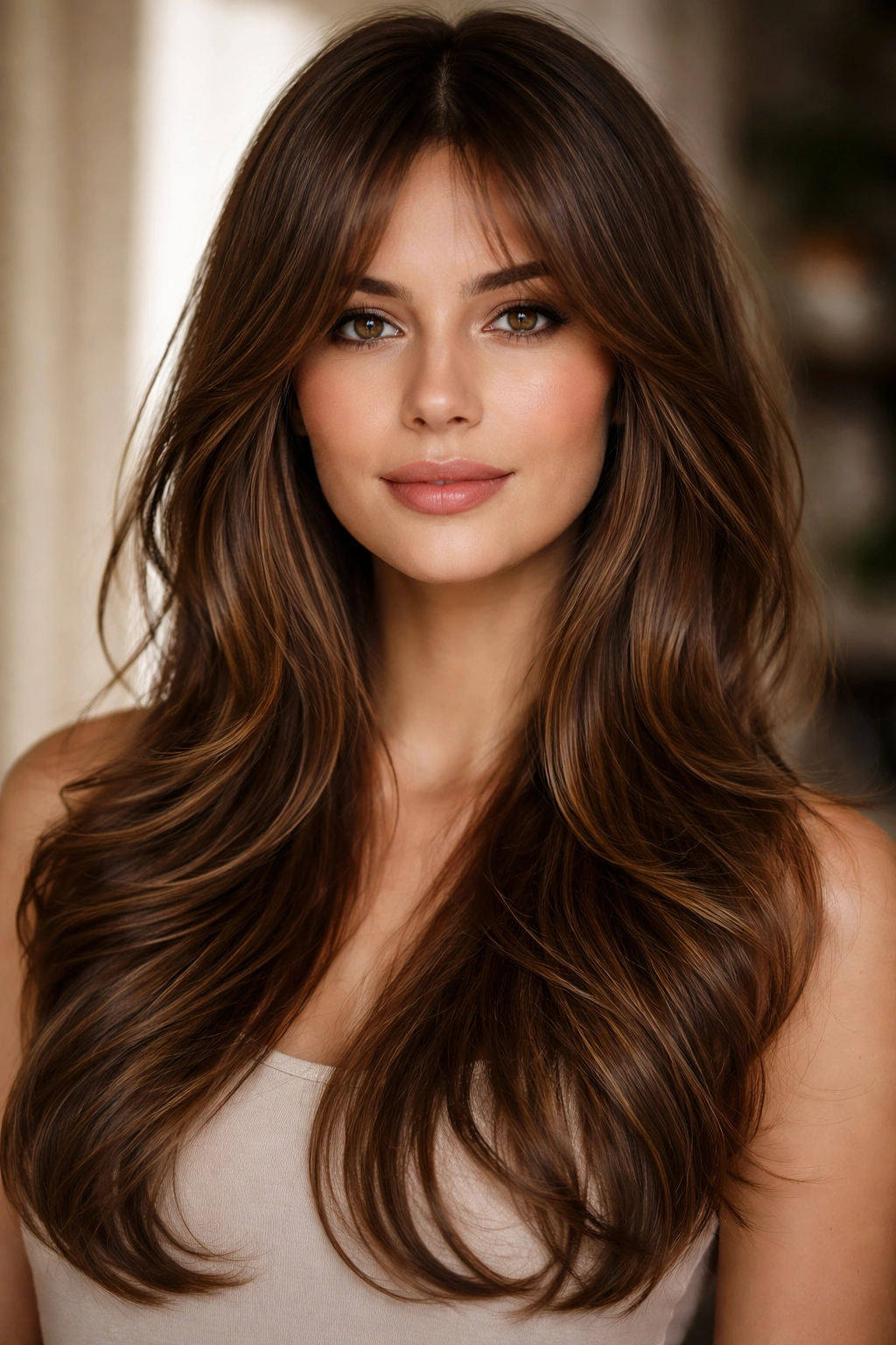 Hair with curtain bangs and long layers framing the face