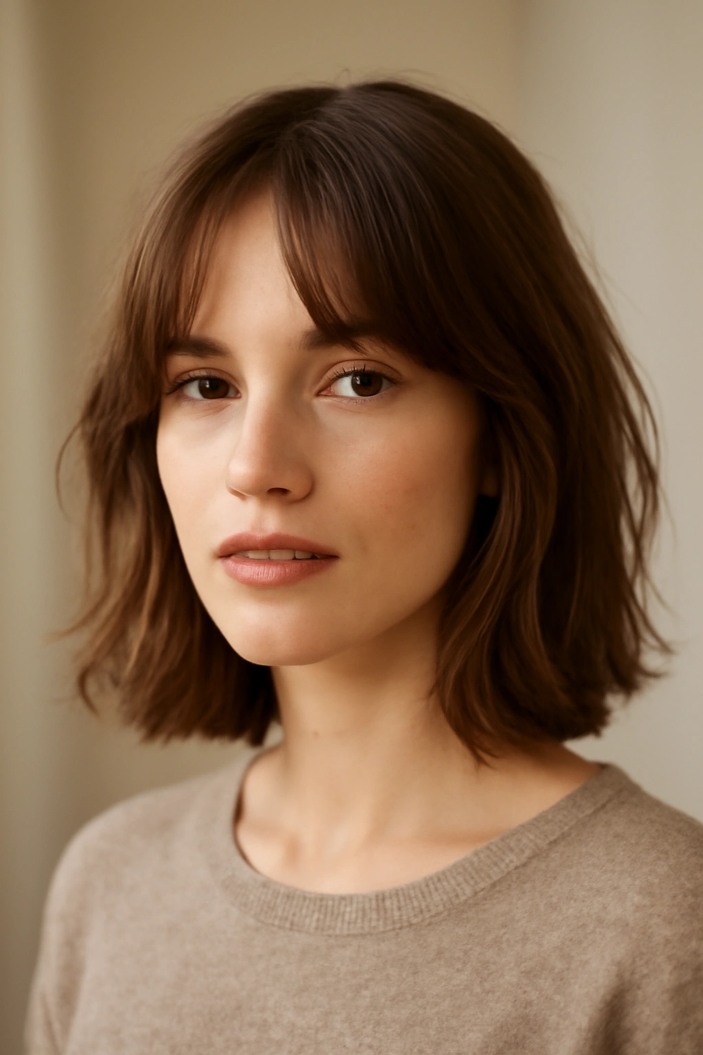 Medium-length hair with soft curtain bangs and middle part