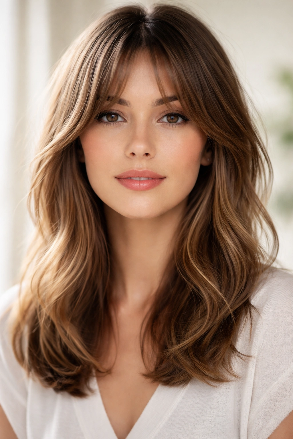 Portrait with curtain bangs parting in the middle on medium-length hair
