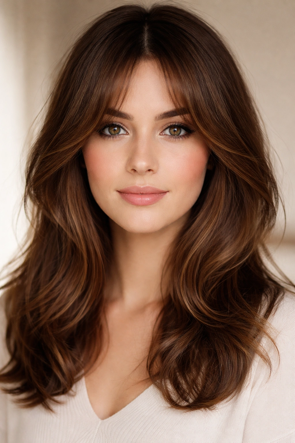 Curtain bangs on oval face with shoulder-length hair framing features.