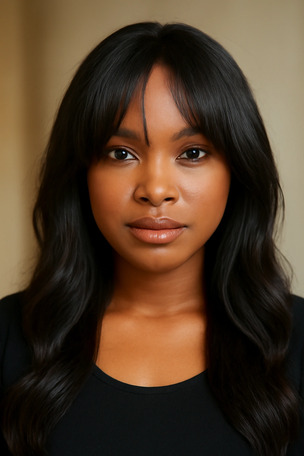 Close-up of a Black woman with curtain bangs framing her face