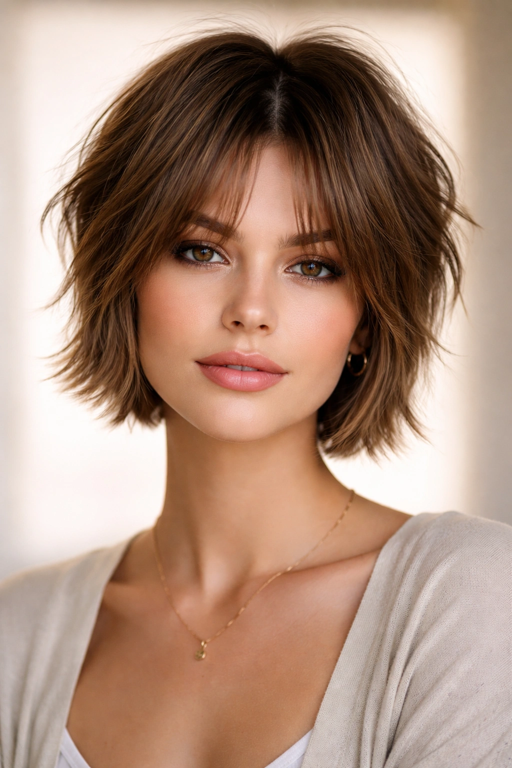 Front view of a choppy curtain bangs short cut with center-parted bangs