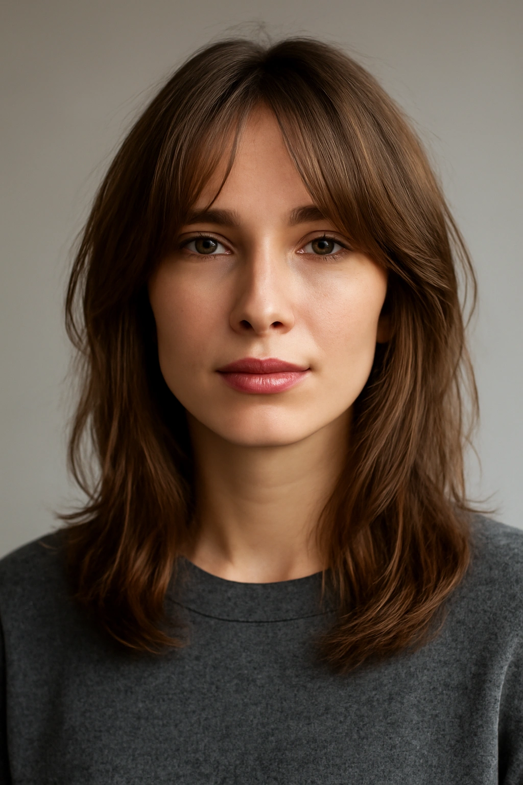 Shoulder-length hair with curtain bangs framing the face