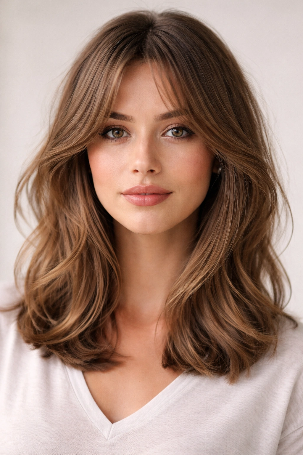 Shoulder-length hair with curtain bangs framing the eyes