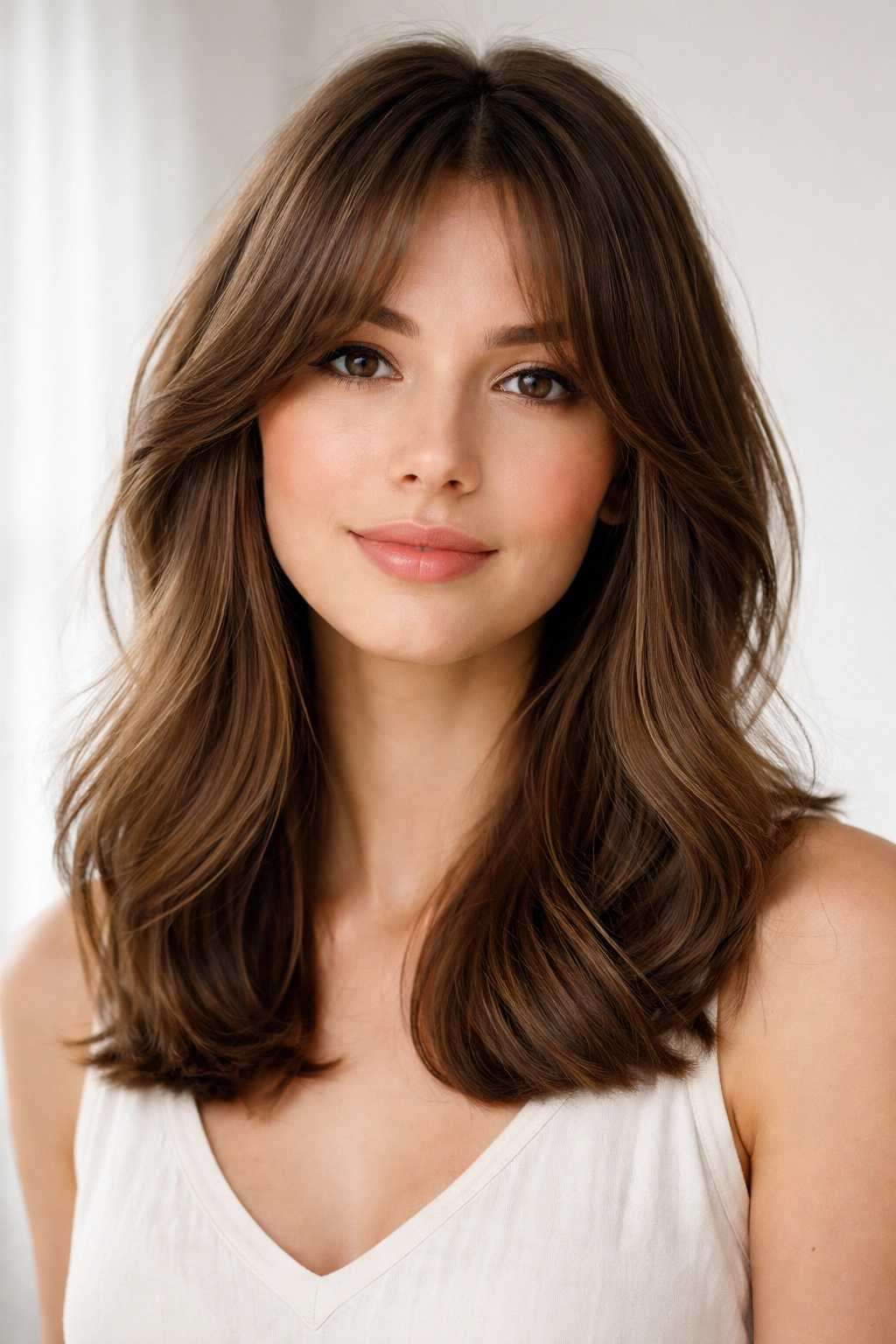 Shoulder-length hair with curtain bangs framing the face.