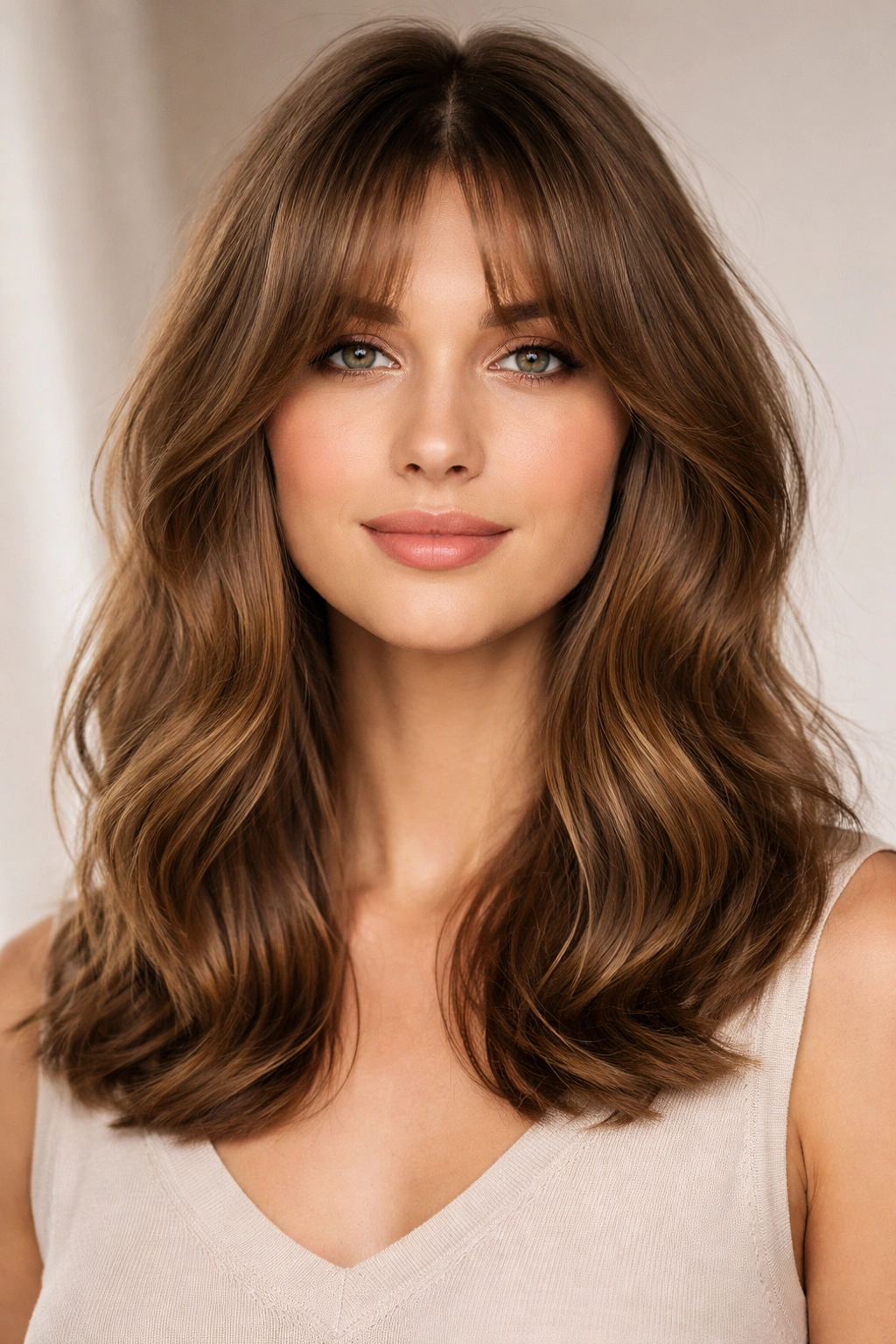 Portrait of Curtain Bangs with Shoulder-Length Waves showing center-part and soft waves