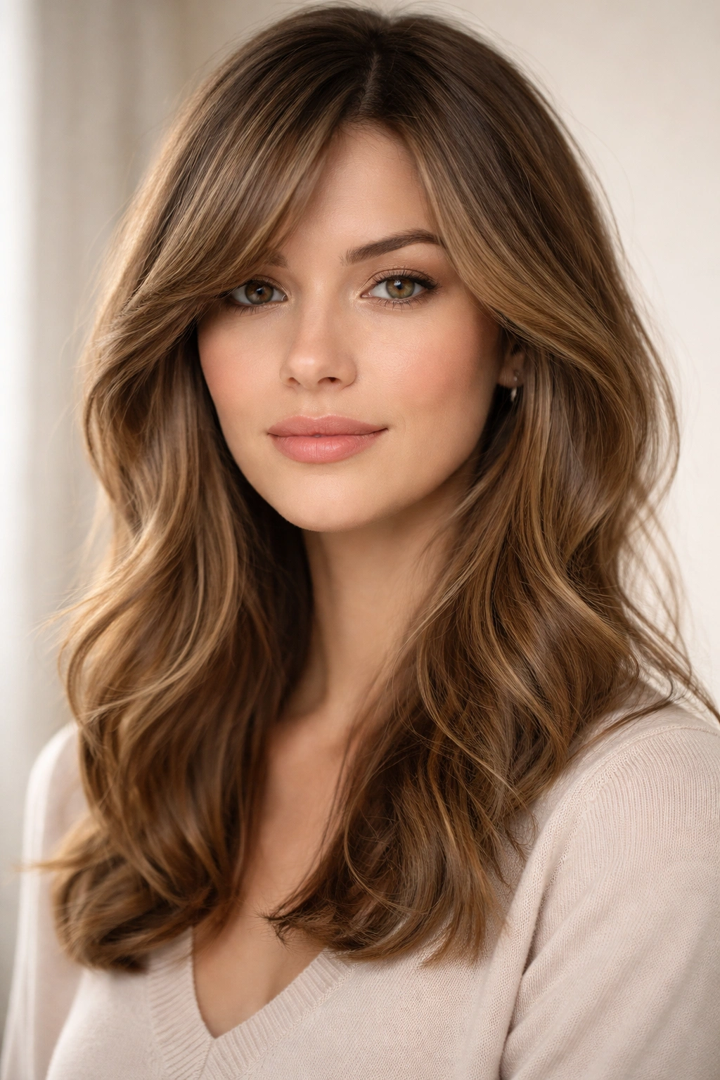 Close-up of a model with curtain bangs and a side part framing the face