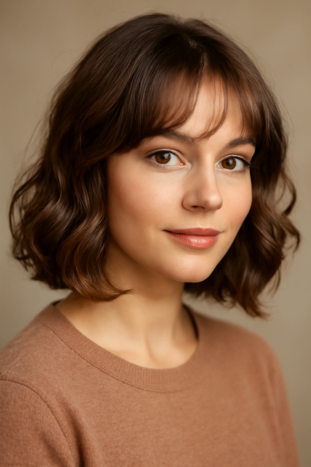 Face-framing curtain bangs with subtle curls framing the face in soft lighting.