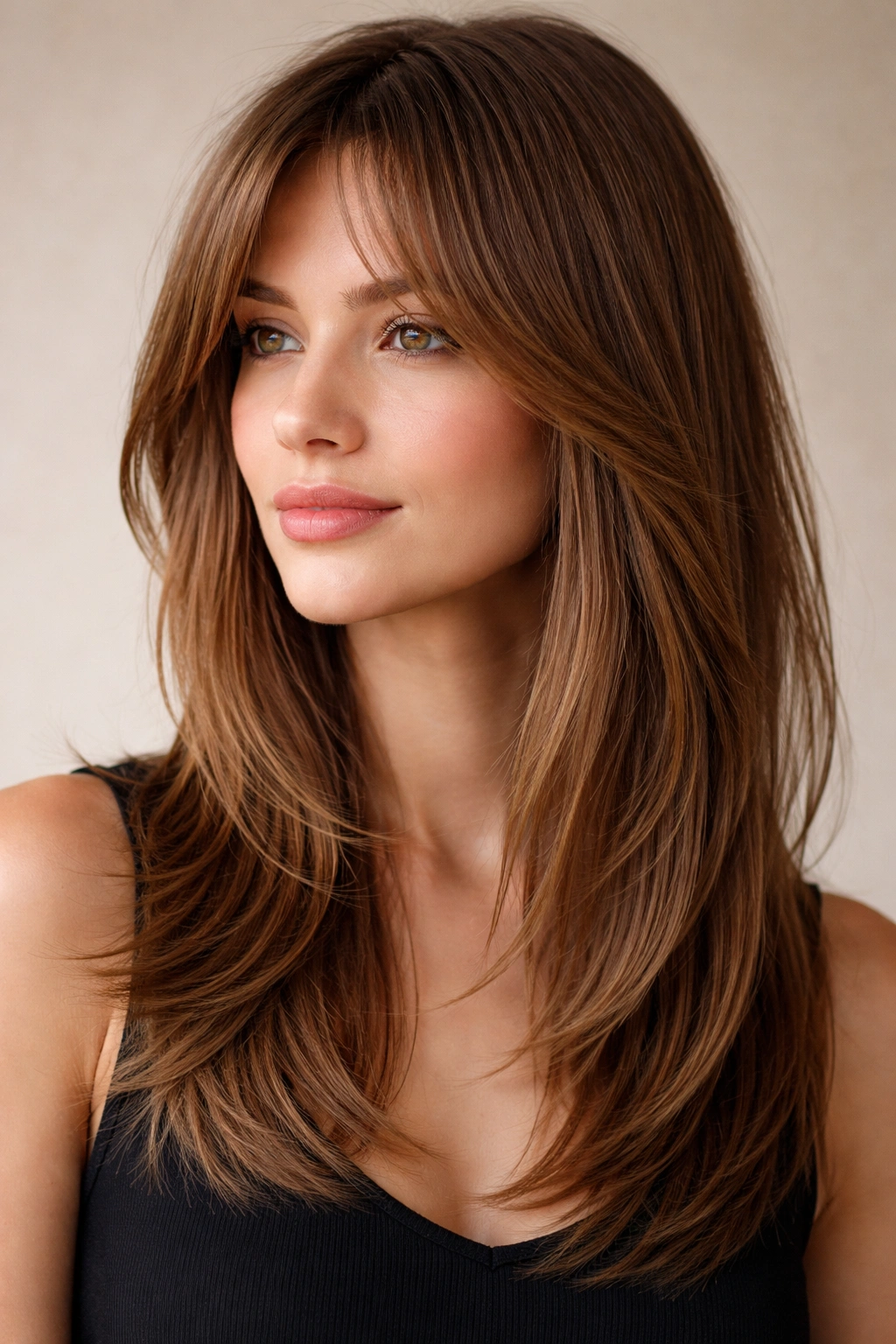 Portrait featuring curtain bangs with straight layers and a soft center part