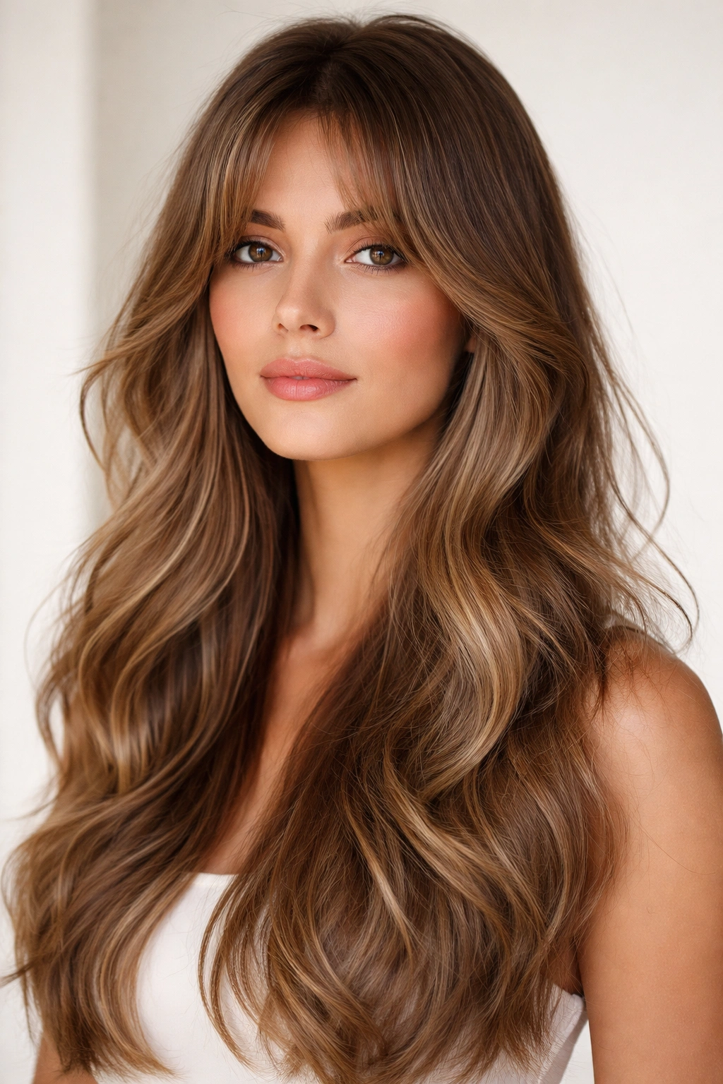 Portrait of curtain bangs with voluminous length framing the face