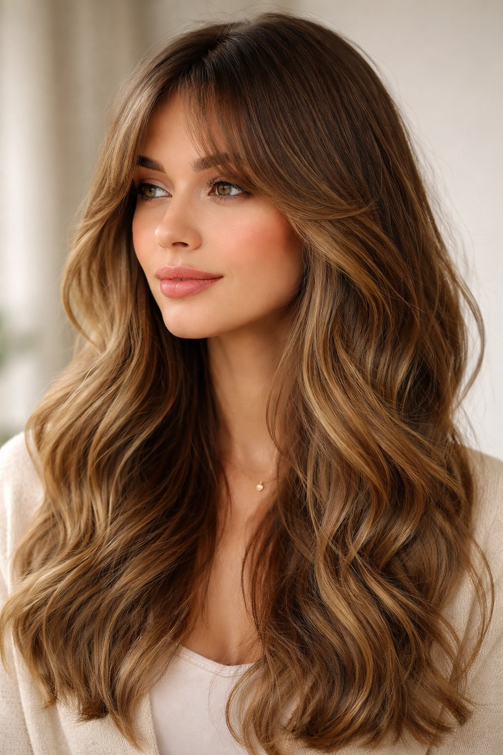 Person with long curtain bangs blending into soft waves