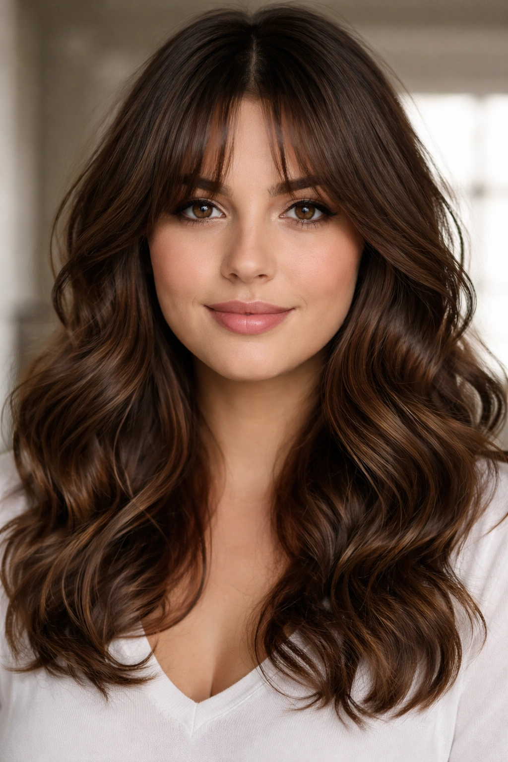 Curtain bangs with waves framing a round-faced model