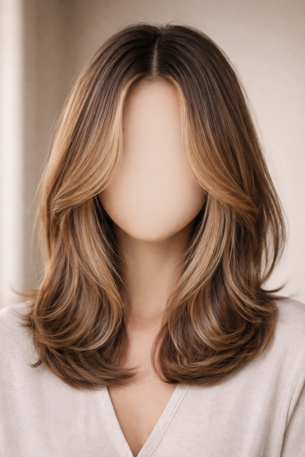 Shoulder-length curtain cut with center part and face-framing layers