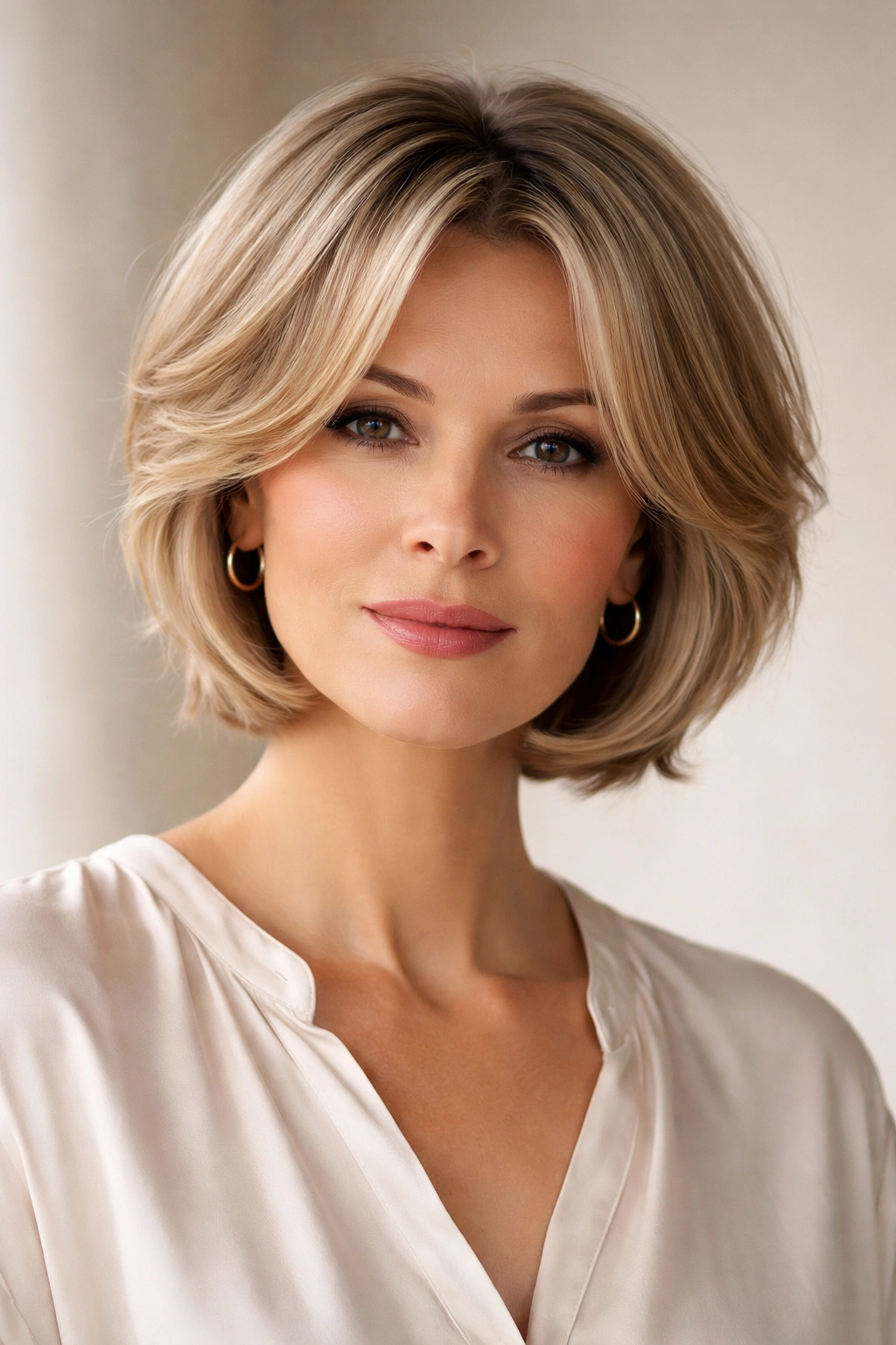 Elegant curtain cut with center-length pieces framing the face