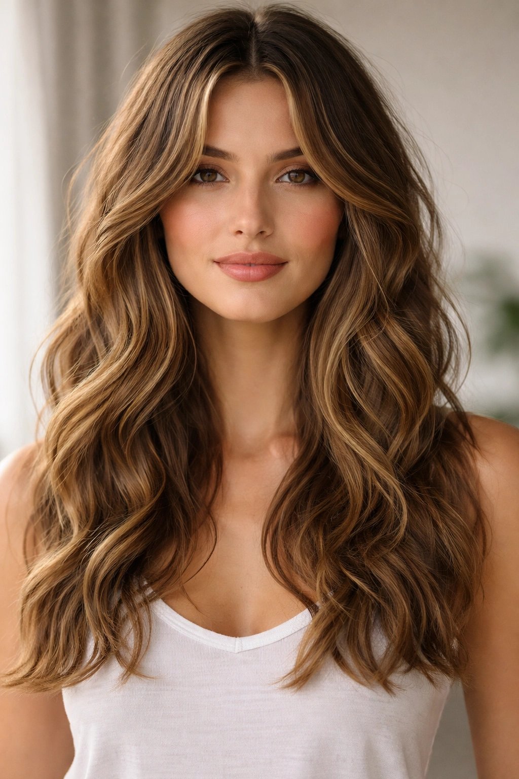 Face-framing curtain cut with parted center pieces in wavy hair
