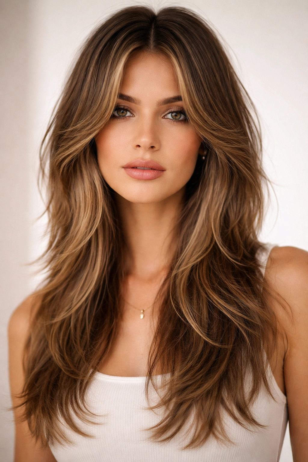 Curtain-framed wolf cut with center part on medium-length hair