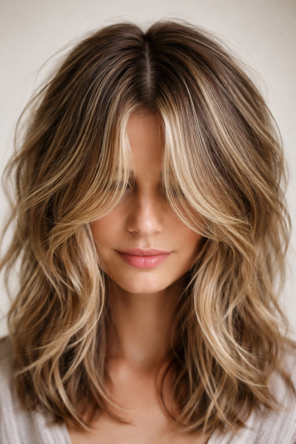 Hair with central part and choppy curtain layers creating crown volume