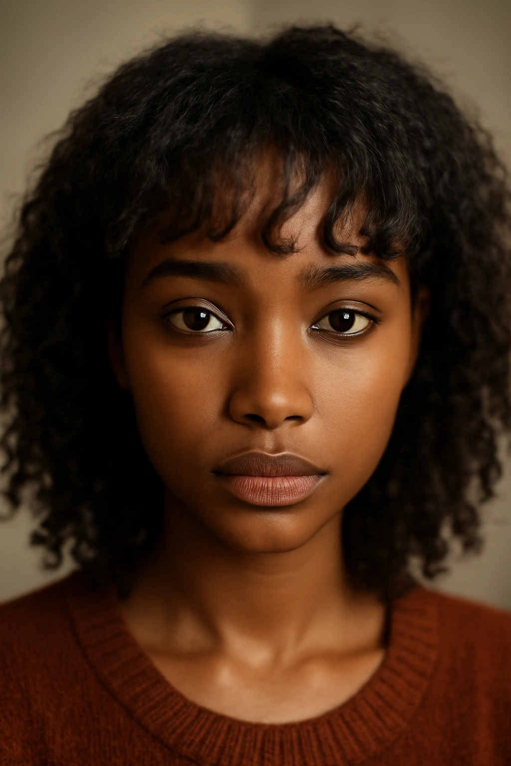 Close-up of a Black woman with curved bangs following her facial shape