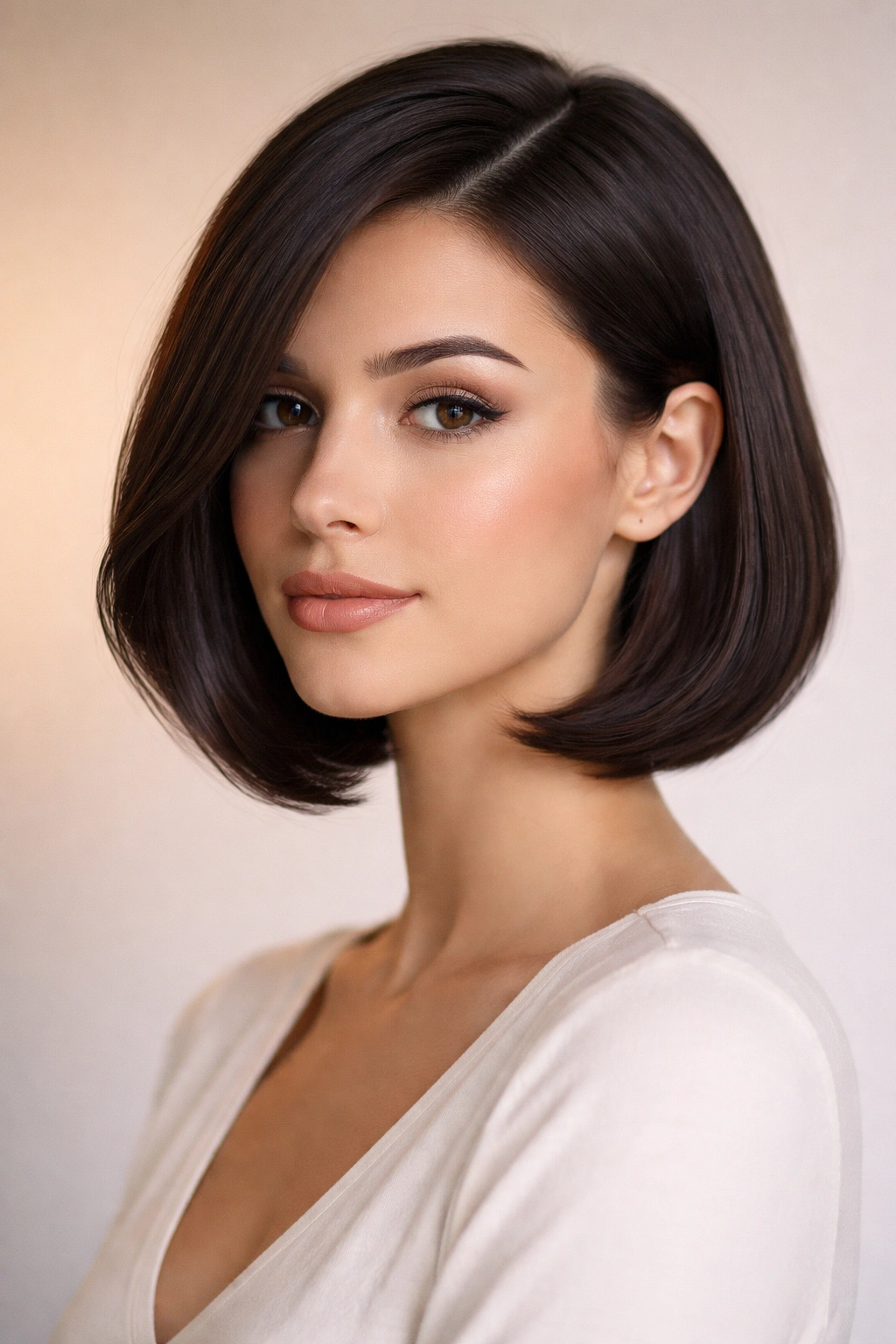 Portrait of a model with curved bob and deep side part framing the face