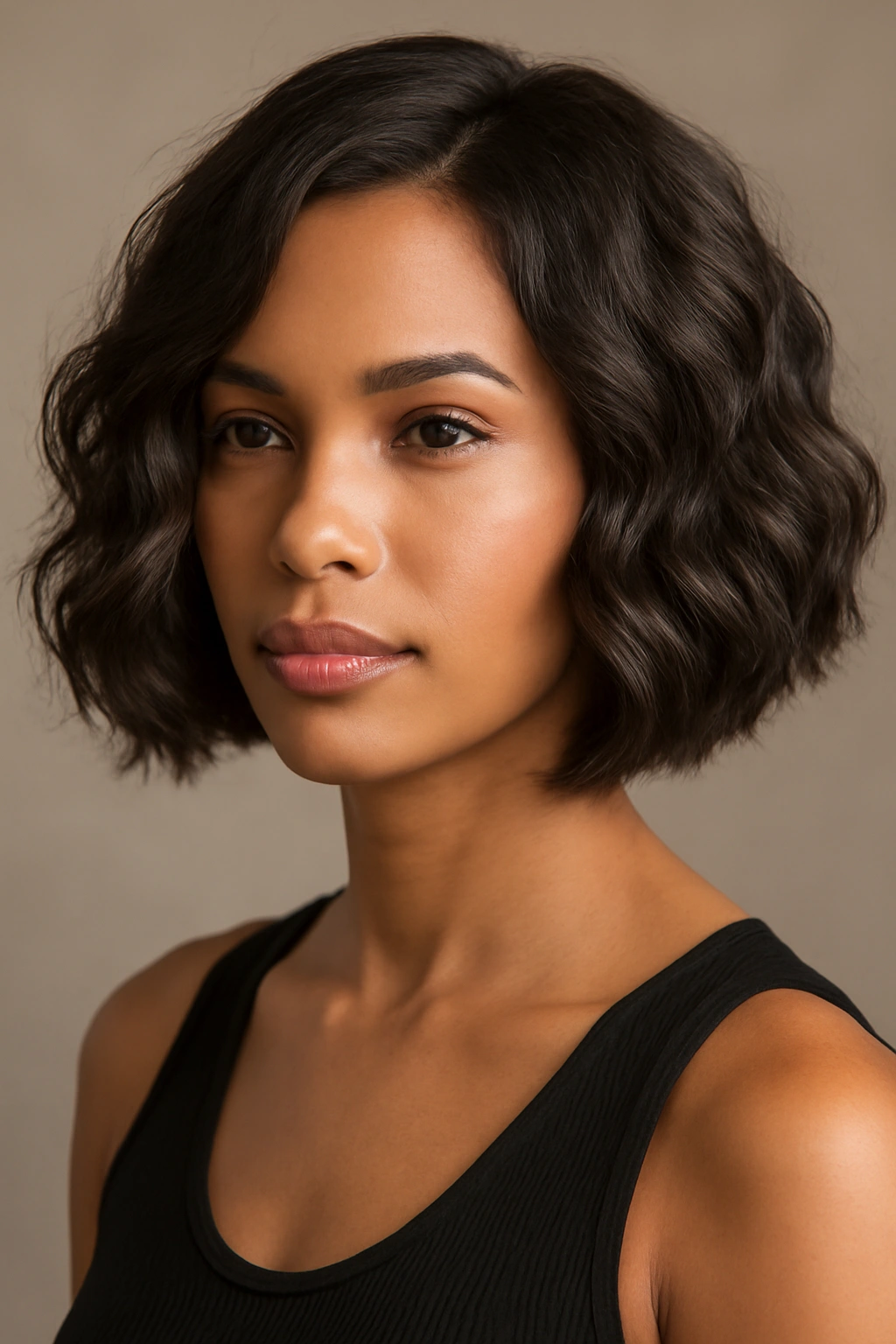 Curved bob with textured waves and inward-curving front pieces