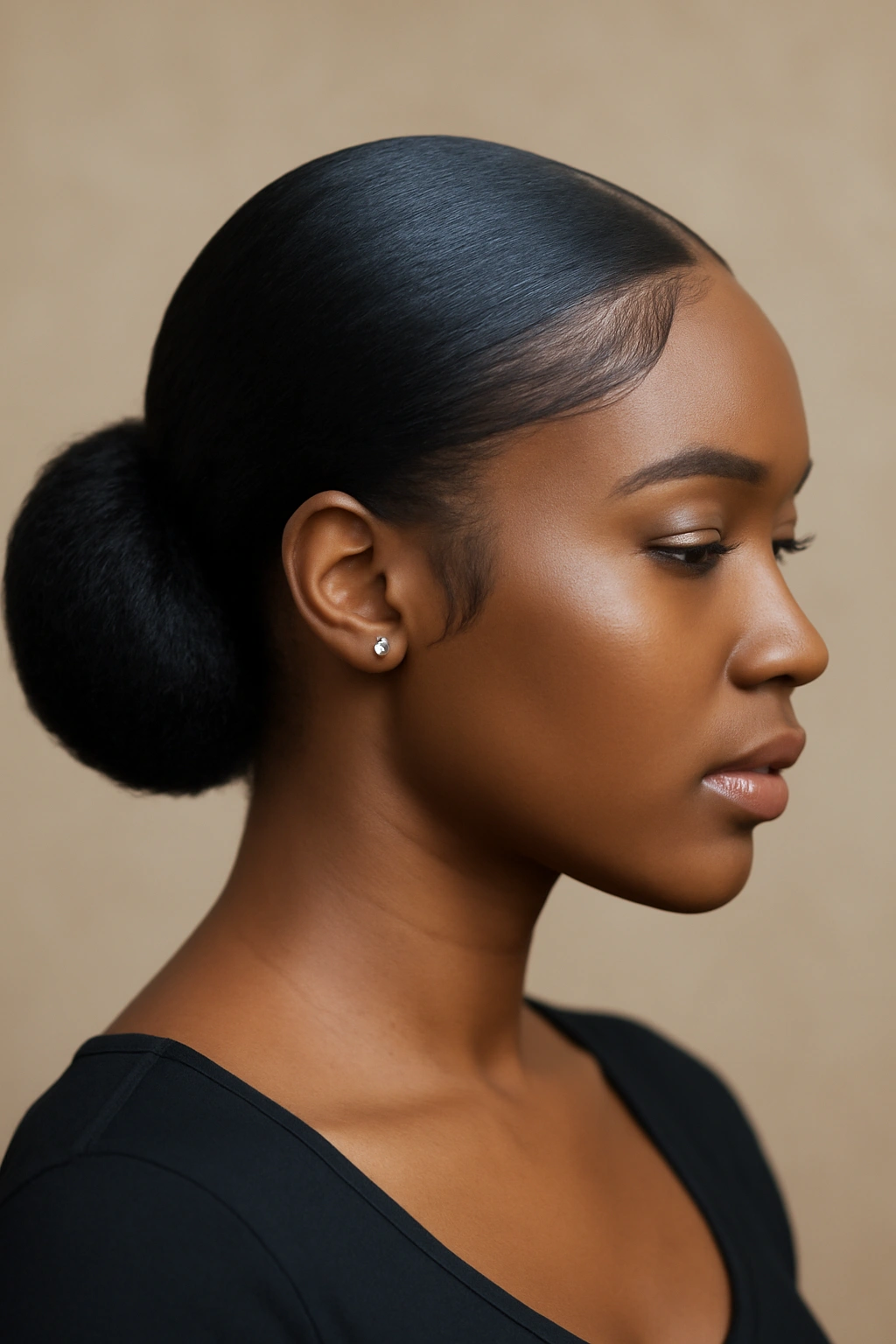 Close-up of curved low bun with sleek laid edges framing the face