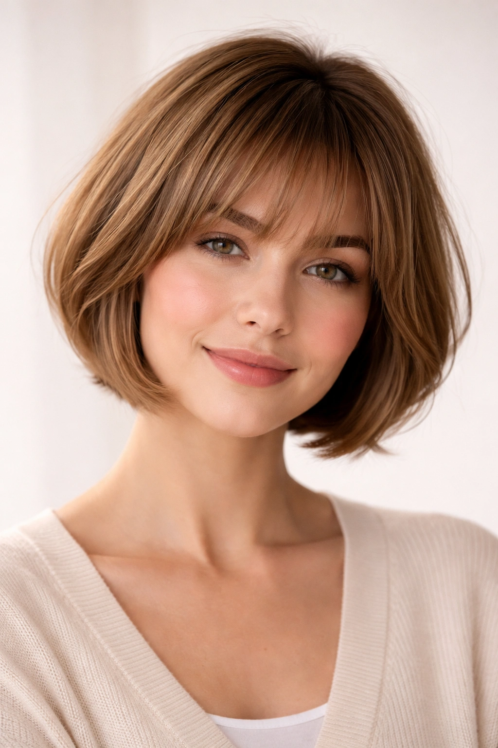 Portrait of curved cropped bob with wispy bangs and rounded silhouette