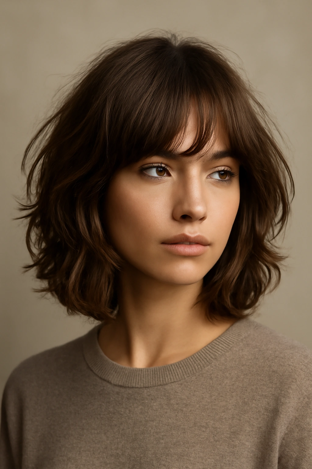 Shag haircut with curved face-framing layers framing the face