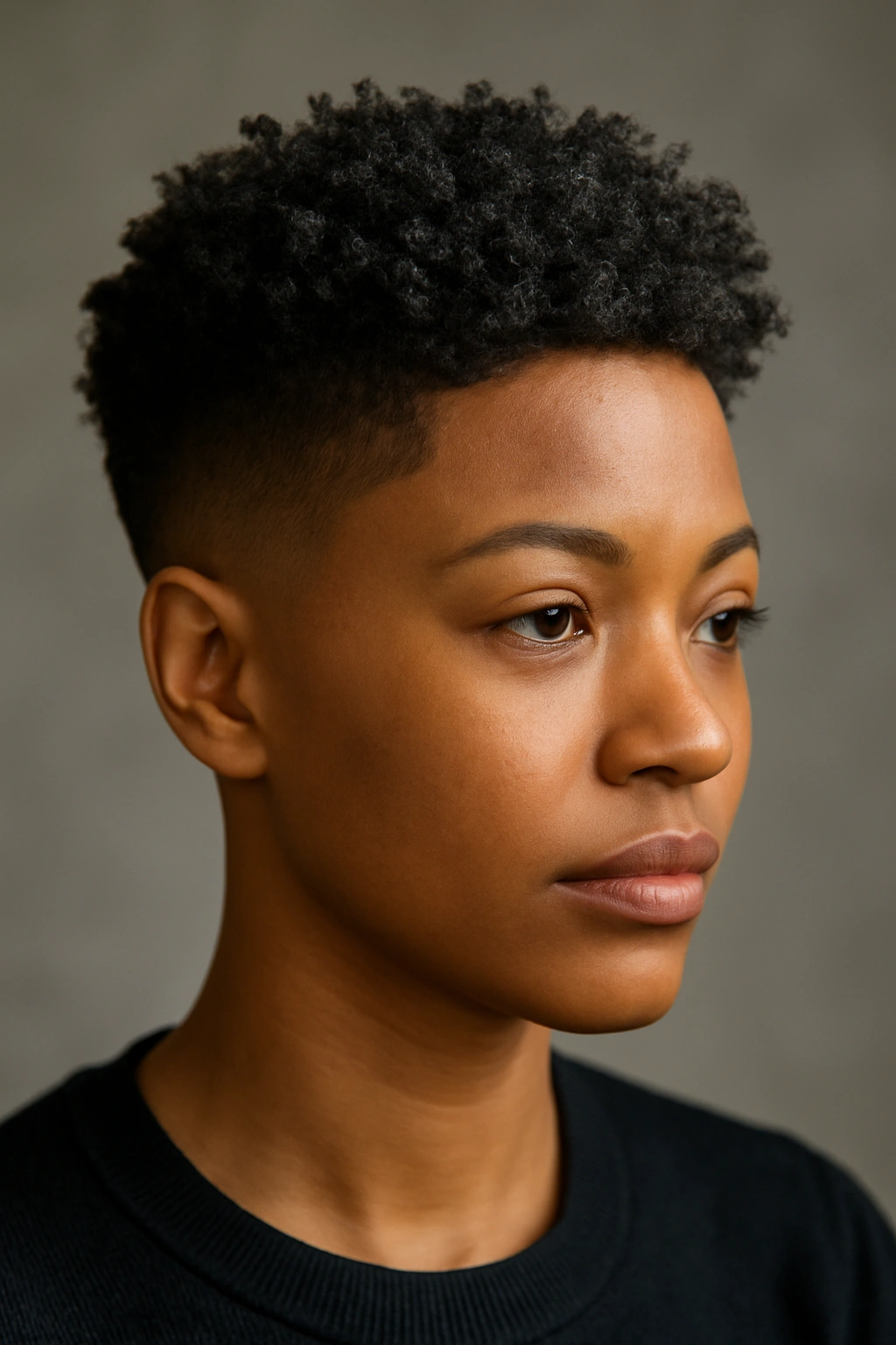 Head with curved fade on the sides and a textured top curl setup.