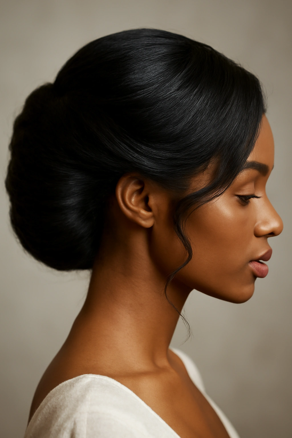 Close-up side view of a curved French roll with soft tendrils for a romantic bridal look