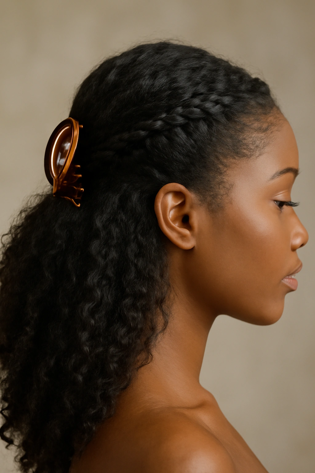 Curved front clip holding a braided section with cascading hair